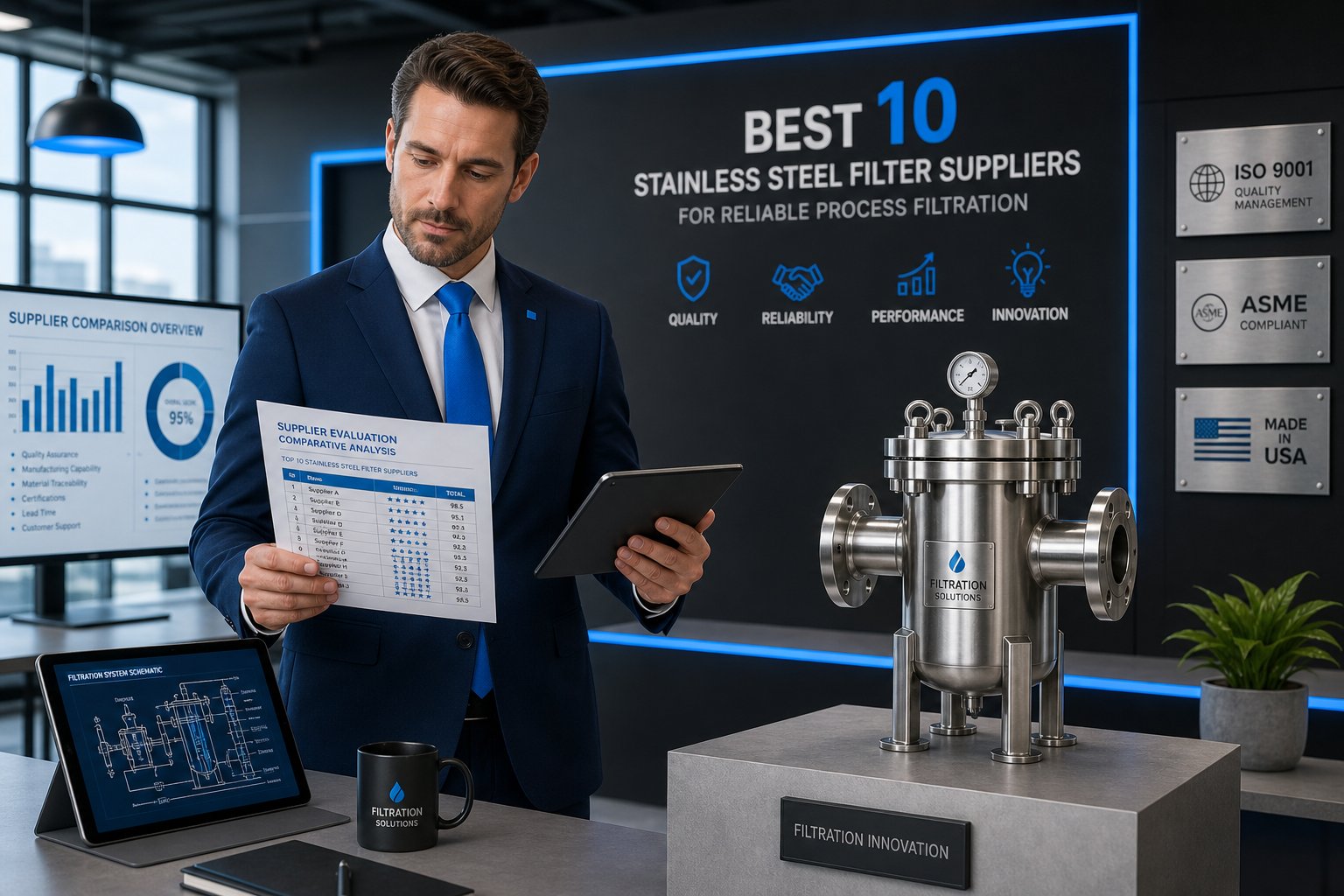 business professional reviewing stainless steel filter in modern industrial office