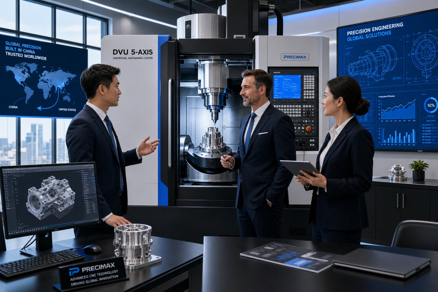 engineers collaborating around advanced cnc machining equipment in modern office